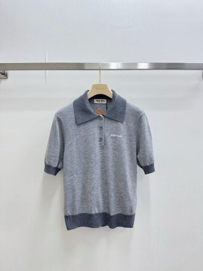 Miu Miu Short Sleeve Striped Shirt in Grey