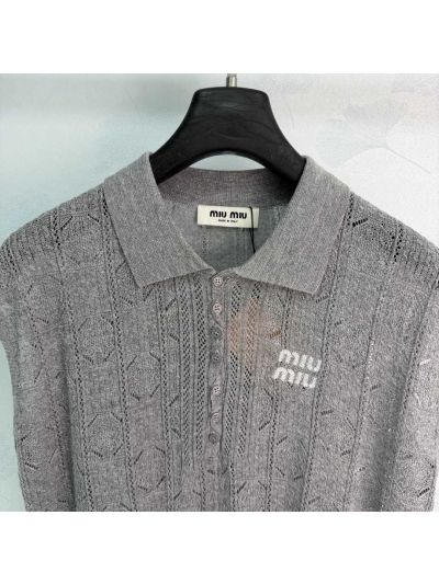 Miu Miu Sleeveless Openwork Knit Top in Grey