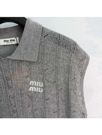 Miu Miu Sleeveless Openwork Knit Top in Grey