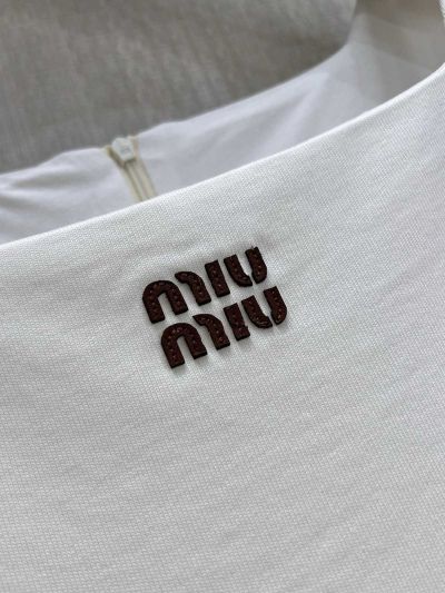 Miu Miu Square Neck Embroidered Top in White