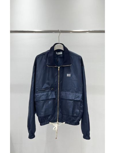 Miu Miu Stand Collar Drawstring Jacket in Navy