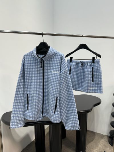 Miu Miu Stand Collar Embroidered Set in Light Blue and White