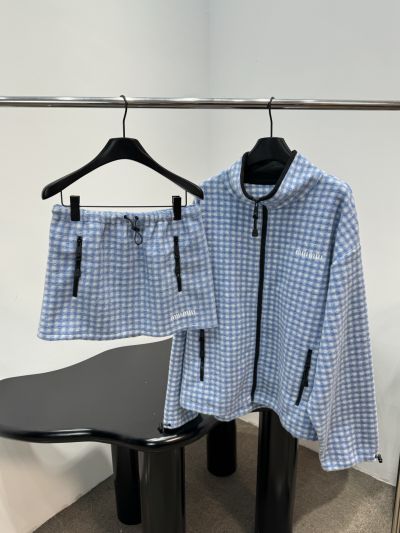 Miu Miu Stand Collar Embroidered Set in Light Blue and White