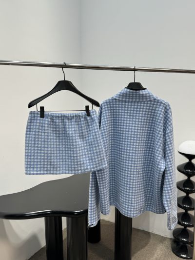 Miu Miu Stand Collar Embroidered Set in Light Blue and White