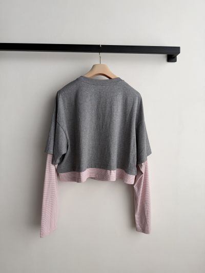Miu Miu Striped Contrast-Trim T-Shirt in Grey and Pink