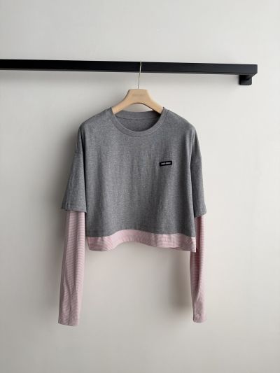 Miu Miu Striped Contrast-Trim T-Shirt in Grey and Pink