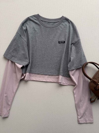 Miu Miu Striped Contrast-Trim T-Shirt in Grey and Pink