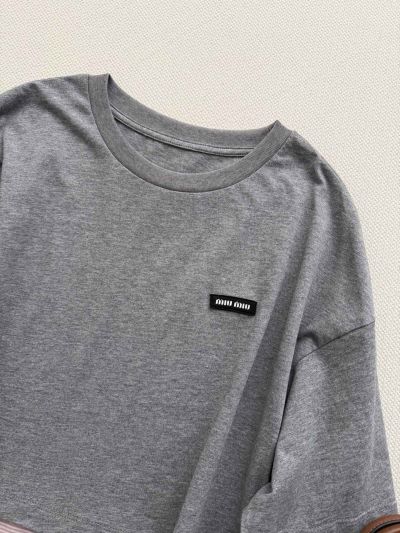 Miu Miu Striped Contrast-Trim T-Shirt in Grey and Pink