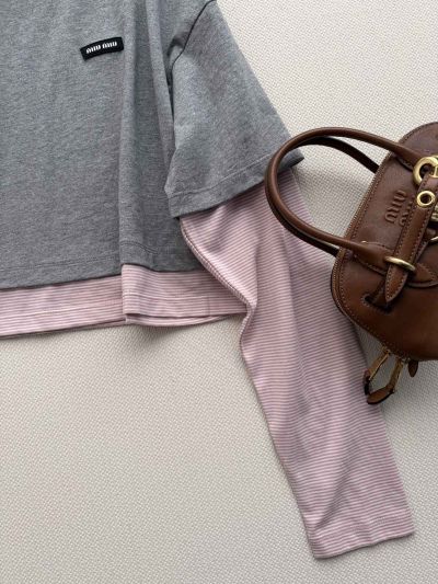 Miu Miu Striped Contrast-Trim T-Shirt in Grey and Pink
