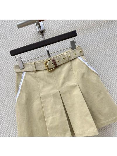 Miu Miu Turn-Down Collar Belted Skirt in Beige