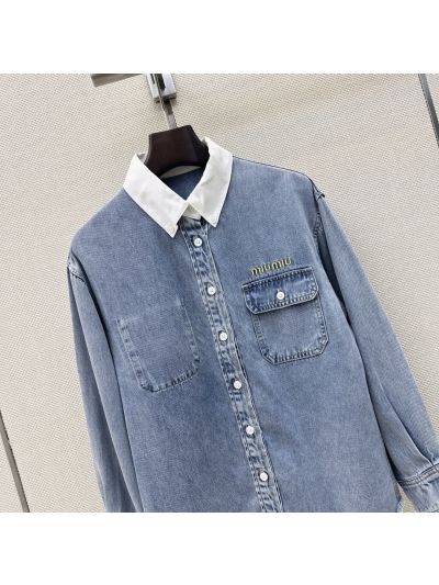 Miu Miu Turn-Down Collar Denim Shirt in Light Blue
