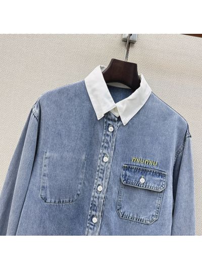 Miu Miu Turn-Down Collar Denim Shirt in Light Blue