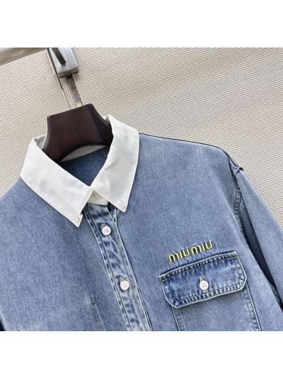 Miu Miu Turn-Down Collar Denim Shirt in Light Blue