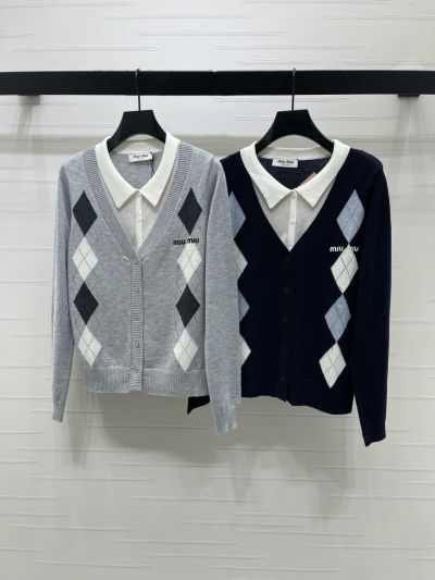 Miu Miu Turn-Down Collar Long Sleeve Cardigan in Grey and Black