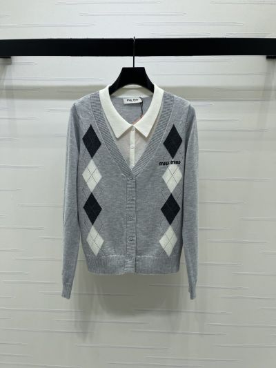 Miu Miu Turn-Down Collar Long Sleeve Cardigan in Grey and Black