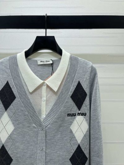 Miu Miu Turn-Down Collar Long Sleeve Cardigan in Grey and Black