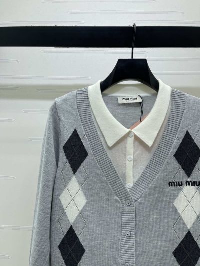 Miu Miu Turn-Down Collar Long Sleeve Cardigan in Grey and Black