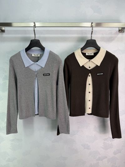 Miu Miu Turn-Down Collar Long Sleeve Cardigan in Grey