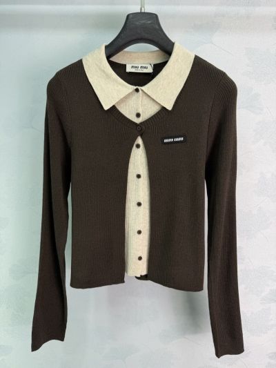 Miu Miu Turn-Down Collar Long Sleeve Cardigan in Grey