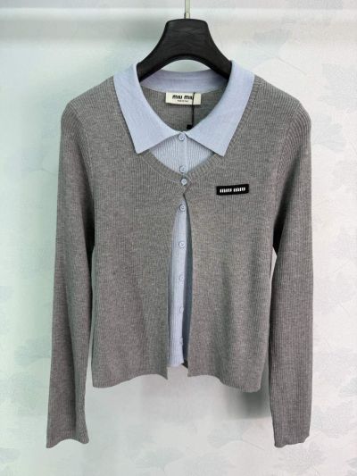 Miu Miu Turn-Down Collar Long Sleeve Cardigan in Grey
