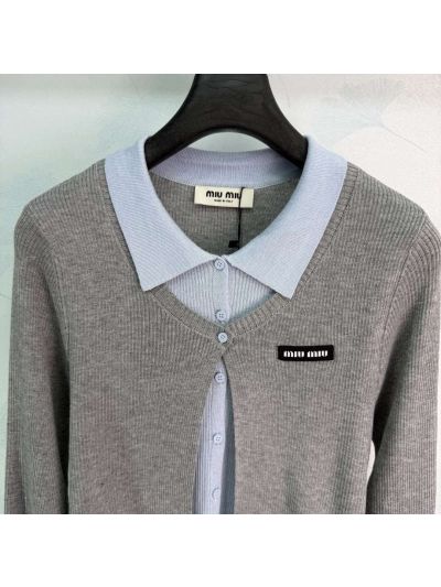 Miu Miu Turn-Down Collar Long Sleeve Cardigan in Grey