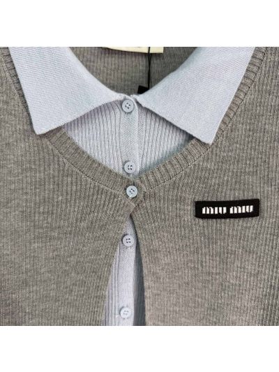 Miu Miu Turn-Down Collar Long Sleeve Cardigan in Grey