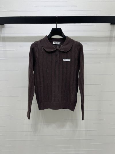 Miu Miu Turn-Down Collar Long Sleeve Knit Top in Brown