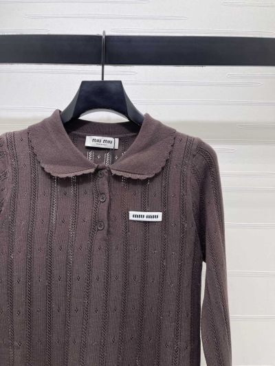 Miu Miu Turn-Down Collar Long Sleeve Knit Top in Brown