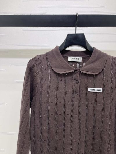 Miu Miu Turn-Down Collar Long Sleeve Knit Top in Brown