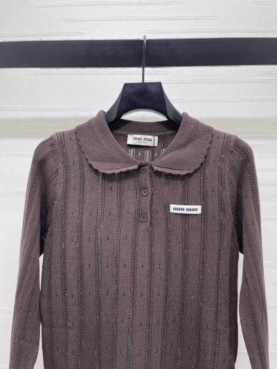 Miu Miu Turn-Down Collar Long Sleeve Knit Top in Brown