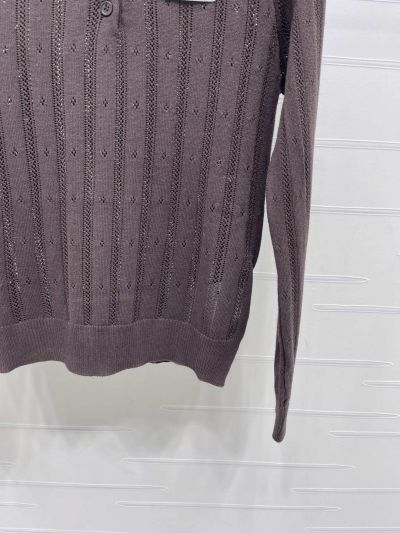 Miu Miu Turn-Down Collar Long Sleeve Knit Top in Brown