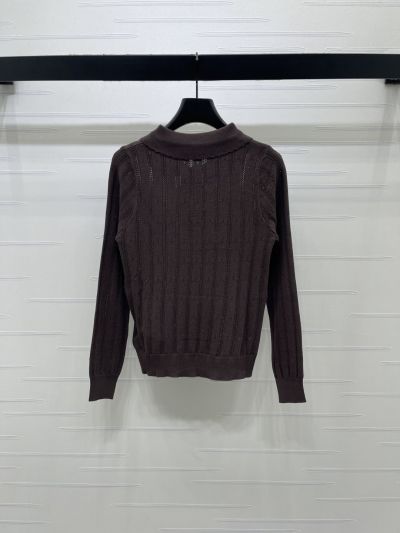 Miu Miu Turn-Down Collar Long Sleeve Knit Top in Brown
