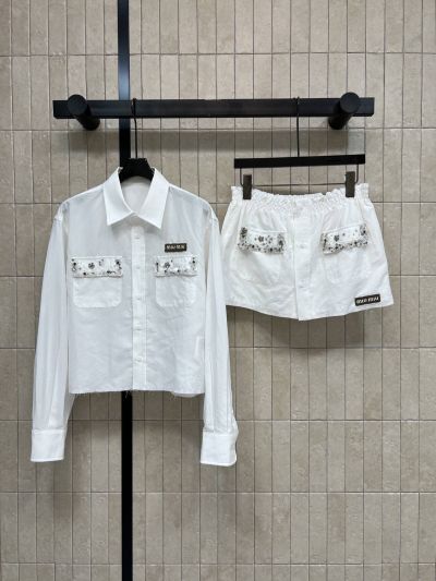 Miu Miu Turn-Down Collar Long Sleeve Set in White