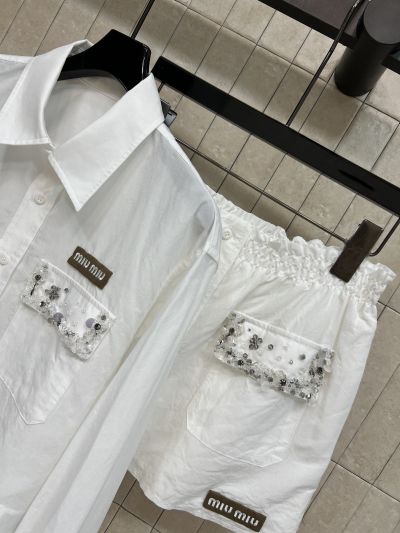 Miu Miu Turn-Down Collar Long Sleeve Set in White