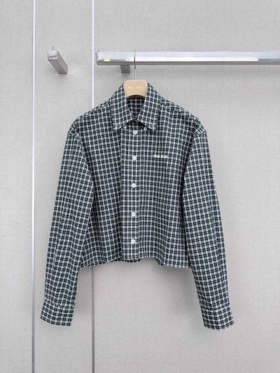 Miu Miu Turn-Down Collar Long Sleeve Shirt in Green and White