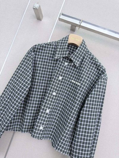 Miu Miu Turn-Down Collar Long Sleeve Shirt in Green and White