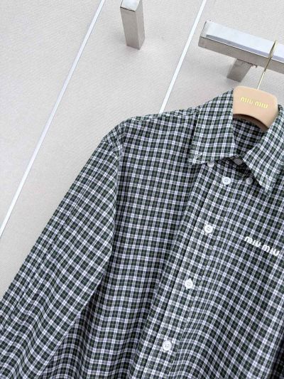 Miu Miu Turn-Down Collar Long Sleeve Shirt in Green and White
