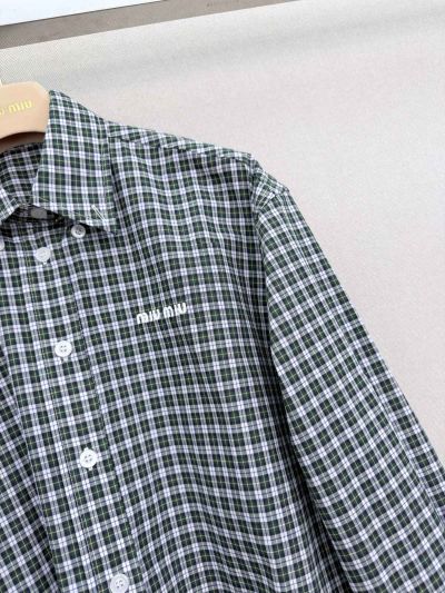 Miu Miu Turn-Down Collar Long Sleeve Shirt in Green and White