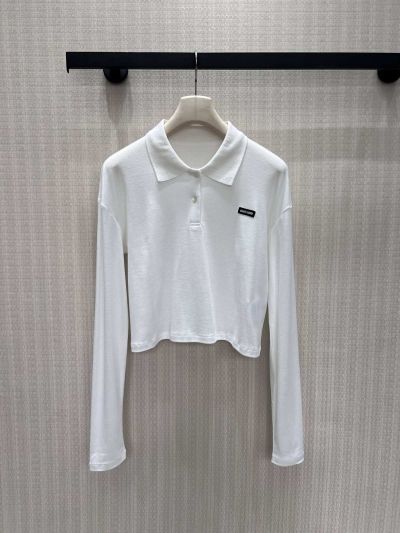 Miu Miu Turn-Down Collar Long Sleeve Top in White