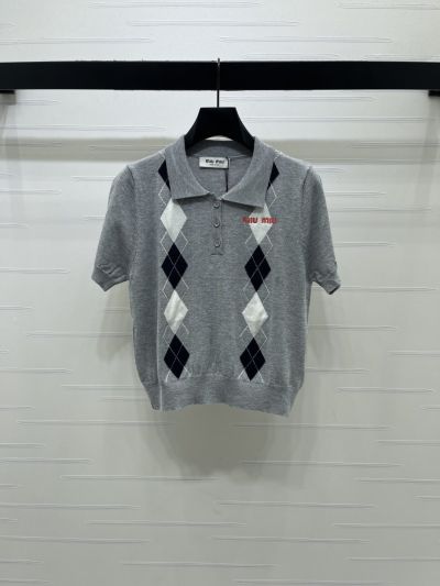 Miu Miu Turn-Down Collar Short Sleeve Knit Top in Grey and Black