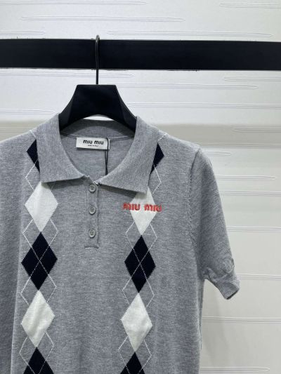 Miu Miu Turn-Down Collar Short Sleeve Knit Top in Grey and Black
