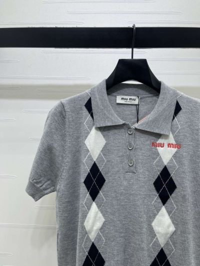 Miu Miu Turn-Down Collar Short Sleeve Knit Top in Grey and Black