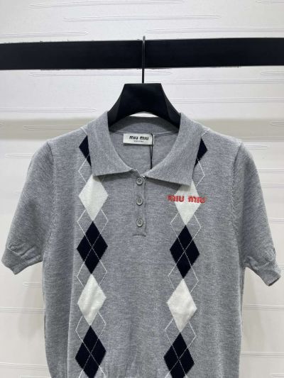 Miu Miu Turn-Down Collar Short Sleeve Knit Top in Grey and Black