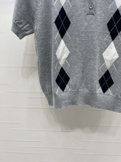 Miu Miu Turn-Down Collar Short Sleeve Knit Top in Grey and Black