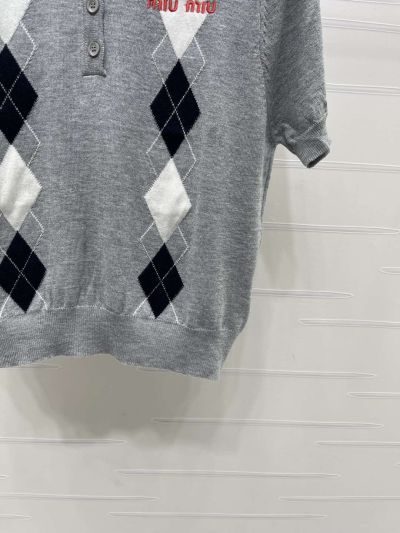 Miu Miu Turn-Down Collar Short Sleeve Knit Top in Grey and Black