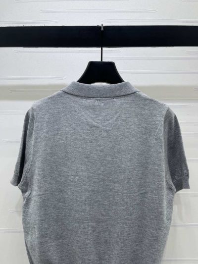 Miu Miu Turn-Down Collar Short Sleeve Knit Top in Grey and Black