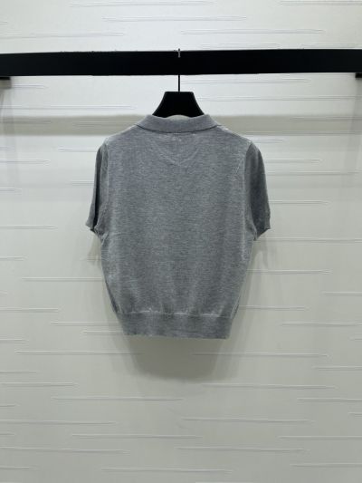 Miu Miu Turn-Down Collar Short Sleeve Knit Top in Grey and Black