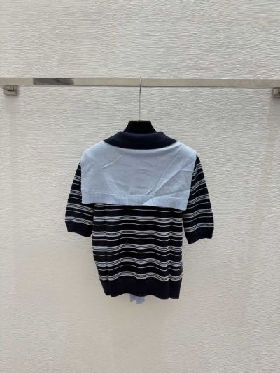 Miu Miu Turn-Down Collar Short Sleeve Knit Top in Navy and White