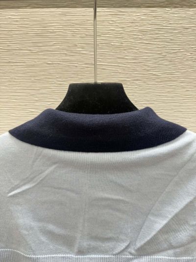 Miu Miu Turn-Down Collar Short Sleeve Knit Top in Navy and White