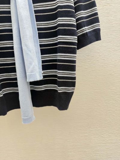 Miu Miu Turn-Down Collar Short Sleeve Knit Top in Navy and White